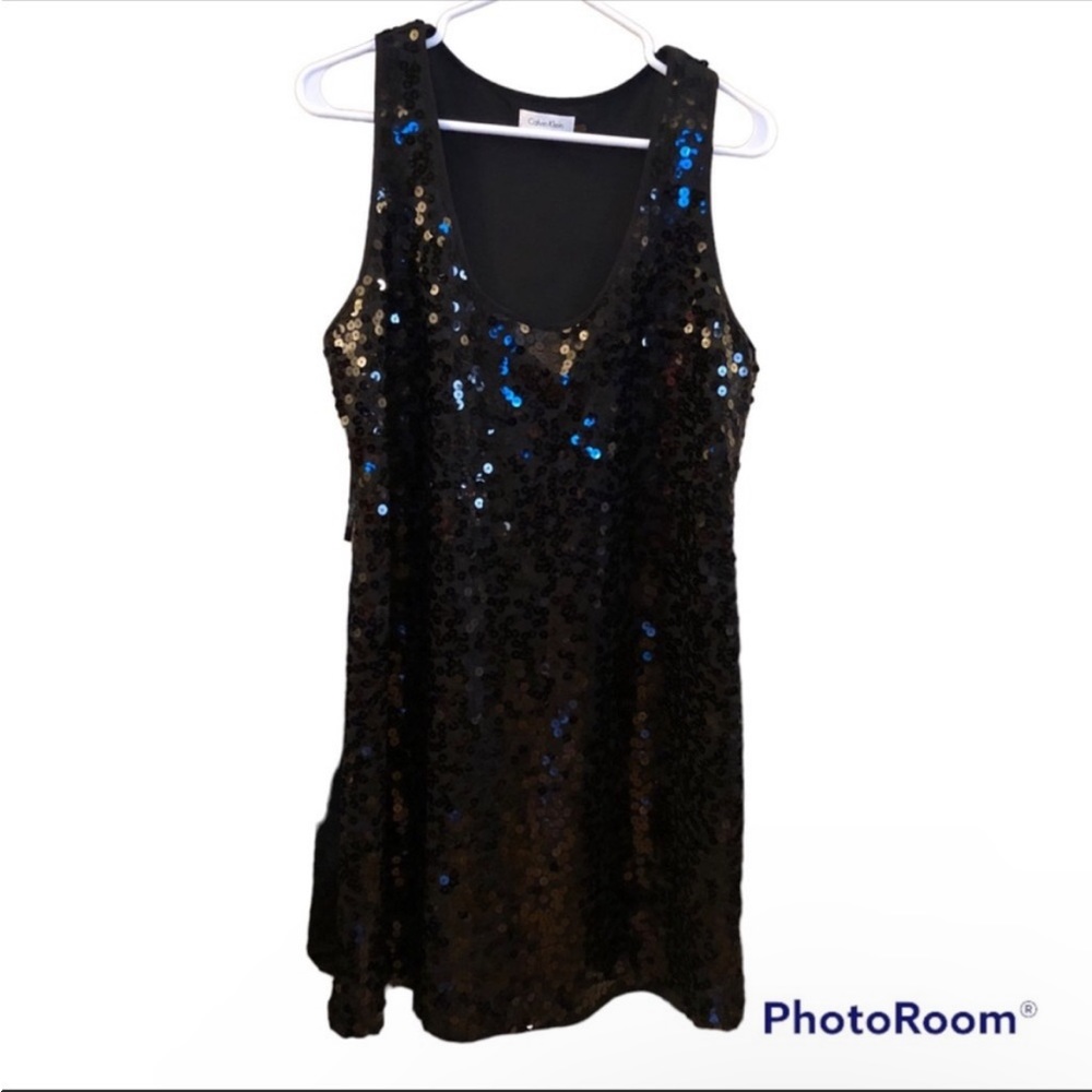 ON SALE Calvin Klein Black Sequin Tunic Mini Dress Size 14 Mod Evening Cocktail